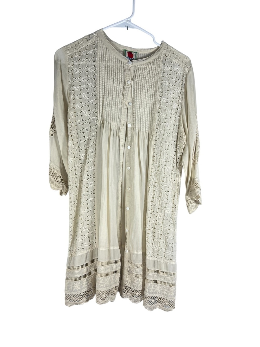 Johnny Was Cream Beige Eyelet Embroidered Crochet Pleated Tunic Top Small